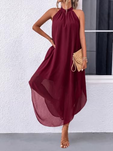 Image of Verdusa Women's Wedding Guest Dress Halter Flowy Chiffon Long Bouncy Dress | Cocktail Dress, Asymmetrical Dress for Women, Sleeveless, Prom Dress, Cruise Outfits, Boho