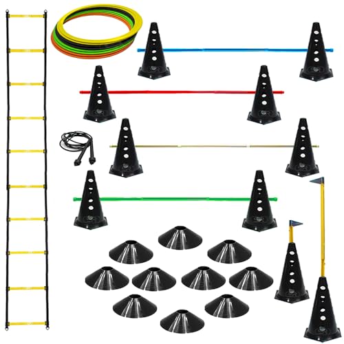 Escada De Agilidade + 10 Pratos Funcionais + 10 Cones C/ 5 Barreiras + Argolas Com Bolsa + 1 Corda D