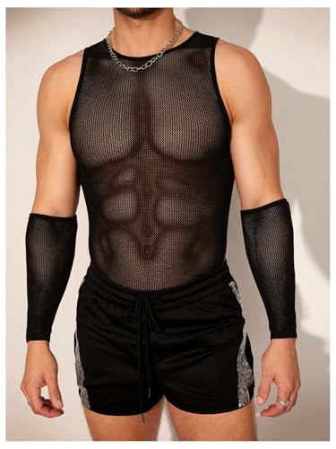 MakeMeChic Body masculino vazado, transparente, gola redonda, sem mangas, modelador para festa, Pret