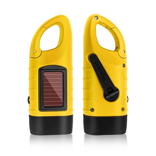KUKUPOW Torcia Elettrica LED Portatile, Torcia Dinamo, Dotato di Batteria Ricaricabile a Energia Solare, Ricaricabile Manualmente, per Campeggio Ciclismo Trekking Caccia Attività all'Aperta, Giallo