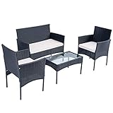 Gona Juego de muebles de jardín de polirratán, para 4 personas, sofá y mesa, incluye cojín para jardín, balcón y terraza, color negro