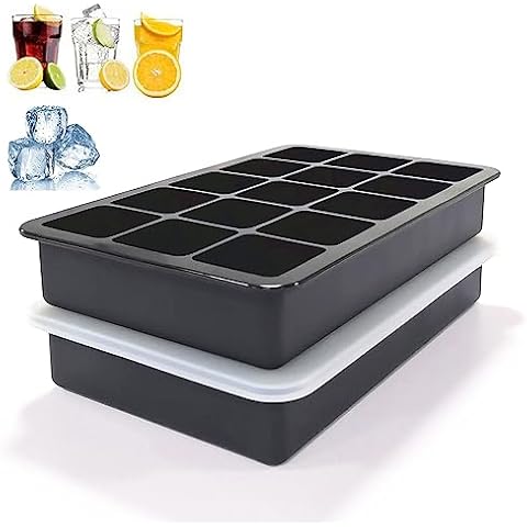 Ice Cube Trays 2 pack, Easy Release 15 Square Silicone Ice Cube Molds with Removable Lid Reusable Freezer Ice Trays Stackable for Whiskey, Baby Food, BPA Free Cover