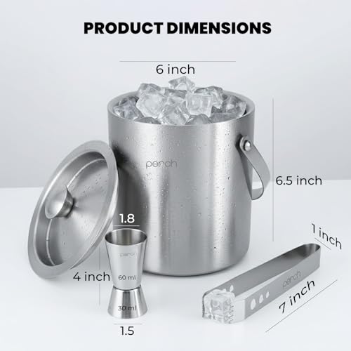 Image of O' Holic by Perch Ice Bucket Trio Stainless Steel - Double Wall Ice Bucket 1.5 Litre with Lid, Ice Tongs & 30 /60 ml Jigger | Insulated Cocktail Barware for Home, Parties & Gifting