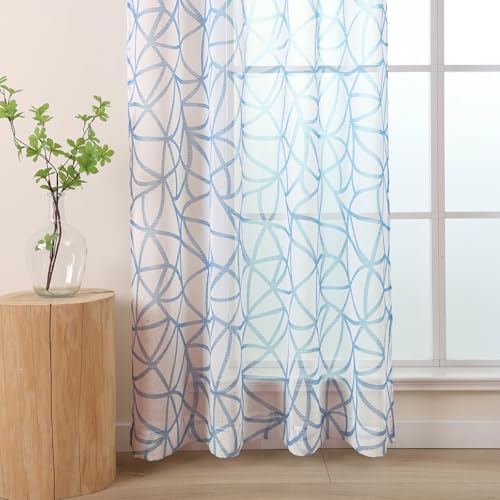 L.Z.E White Blue Sheer Curtains 72 Inch Length 2 Panels Set, Geometric Pattern Transparent Curtains & Drapes for Living Room Bedroom, Abstract See-Through Window Sheers with Grommet — view 4