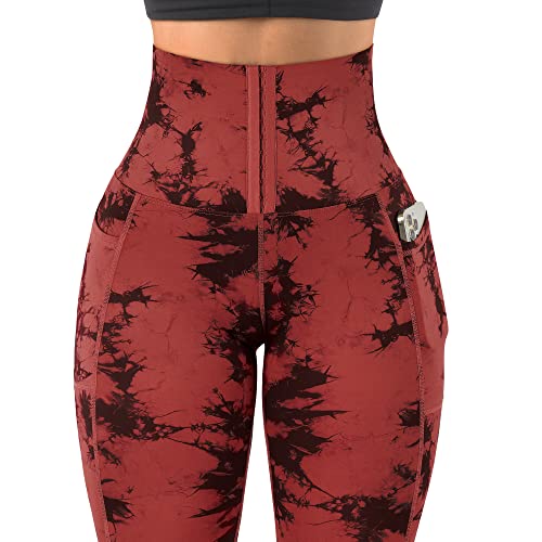 Mooslover Women Corset High Waisted Leggings With Pockets Tummy Control Body Shaper Yoga Pants(L,#1 Red Tie-Dye) #TOP2