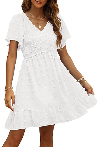 TECREW Womens Smocked Short Sleeve V Neck Mini Dress Summer Swiss Dot Flowy Short Dress