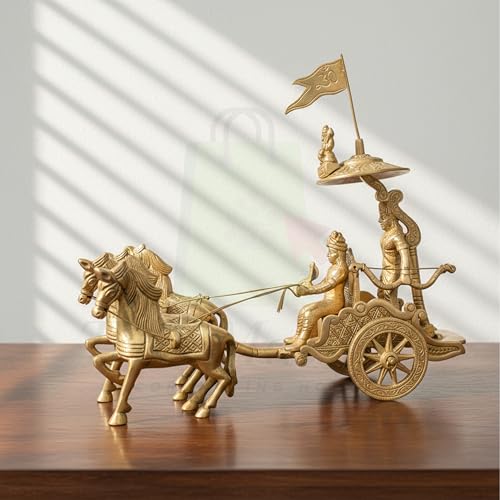 Image of Arjuna Rath Geeta Mahabharat Chariot with Krishna Ji and Hanuman Ji Brass Statue | 7 Inch | Vastu Remedy | Vastu Pital Showpiece | Decorative Arjuna Rath with Four Horses