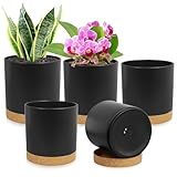 WSMKSZ 5 Pack Cylindrical Flower Pots with 7/6.5/6/5/4 inch, Modern Small Plastic Plant Pots with Drainage Holes & Saucers, Round Planter Pots for Outdoor, Indoor & Office Decor (Black Brown)