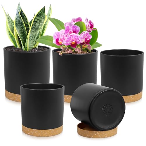 WSMKSZ 5 Pack Cylindrical Flower Pots with 7/6.5/6/5/4 inch, Modern Small Plastic Plant Pots with Drainage Holes & Saucers, Round Planter Pots for Outdoor, Indoor & Office Decor (Black Brown)