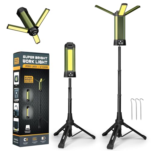 Geisofu Rechargeable Work Light with Stand, Outdoor LED Cordless Camping Light, Portable Telescopic Bracket, 6AH Battery 500/1000/2000 Lumen, 3500K/4500K/6500K, Construction Lights