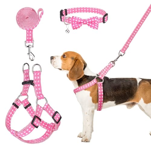 BINGPET Dog Harness Collar Leash Set,Adjustable No Pull Escape Proof Small Dog Harness,Classic Plaid Puppy Harness and Leash Set for Small Medium Large Dogs Training Easy Walk Running(Polka Dots,S)