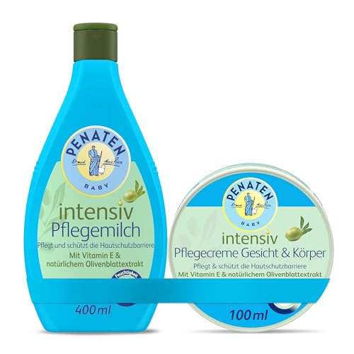 PENATEN Intensiv Pflegemilch (400 ml) & Gesichts- & Körpercreme (100 ml) - 24h Feuchtigkeitspflege, Vitamin E & natürliches Olivenblattextrakt, schnell einziehend, für trockene Babyhaut