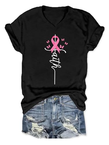 PECHAR Breast Cancer Shirts for Women: Pink Ribbon Breast Cancer Awareness T-Shirts Faith Inspirational Vneck Blouse Tops4
