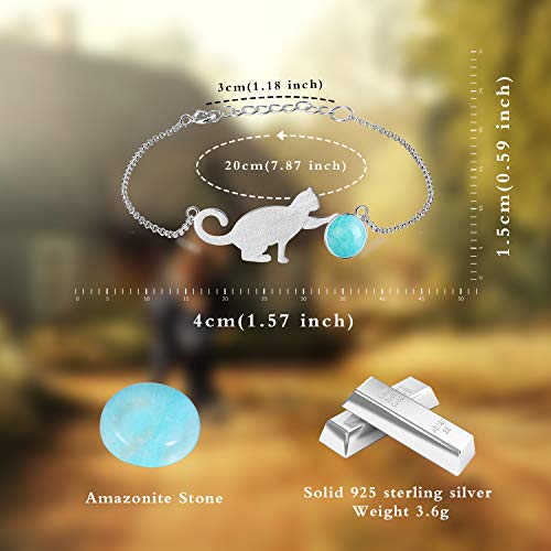 ♥Christmas Gifts♥925 Sterling Silver Bracelet with Amazonite Cat Playing Balls Adjustable Kitten Bracelets with Chain length 6.5''-7.6'', Handmade Unique Jewelry Gift for Little Girls Teen Girls Women3