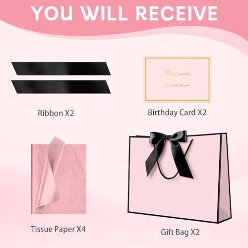 Image of JMANNI Pink Gift Bags with Handles, 13 inch Medium Gift Bags with Tissue Paper | 1 Pcs Pink Black Bag, 2 Tissue Paper and 1 Card, for Baby Shower, Wedding Bridal Shower, Birthday Party