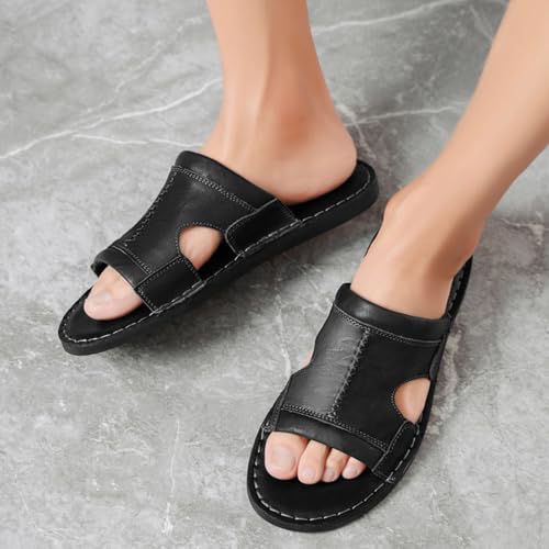 Image of Men's Leather Cutout Slides Sandals Comfortable Lightweight Open Toe Anti-Slip Soft Bottom Slip On Slippers Summer Outdoor Casual Beach Sandals