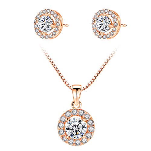 CZCITY Halo Necklace Jewelry Set for Women - 18K Rose Gold Plated Halo Pendant Necklace Stud Earrings Set Round Cut CZ Paved 11mm Cubic Zirconia Solitaire Halo Earring Women Girls Necklace Bridesmaid