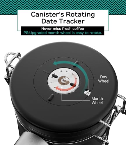 Image of Coffee Gator Coffee Canister, 22oz Airtight Stainless Steel Kitchen Food Storage Container with Date Tracker, Valve, Scoop for Sugar, Grounds, Beans, Tea, Sugar, Cereal, Flour, Cookies Jars - Black