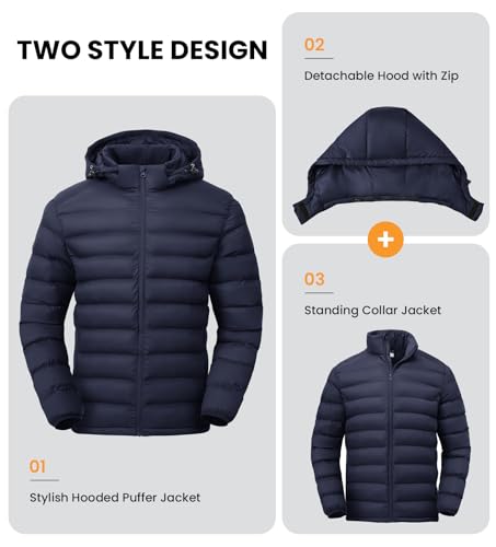 BGOWATU Men's Lightweight Water-Resistant Hooded Puffer Jacket Insulated Winter Coat with Detachable Hood for Snow Ski3