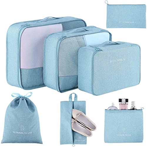 7 Stück Wasserabweisend Koffer Organizer, Polyester Kleidertaschen Packwürfel Packtaschen Mit Schuhbeutel Und Wäschesack Für Handgepäck Koffer-Blau-7 teilig Cover