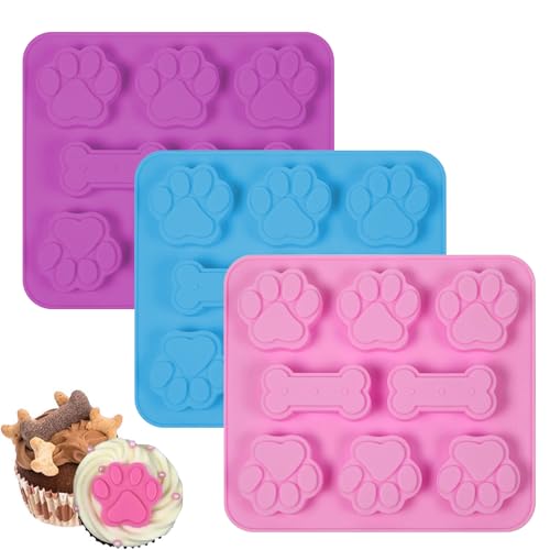 3 Silicone Chocolate Moulds - 3D Paw Ice Cube Moulds, Dog Paw and Bone Molds Set - Non-Stick, Reusable for Cake, Candy, Jelly, Ice Cube, Pet Treats