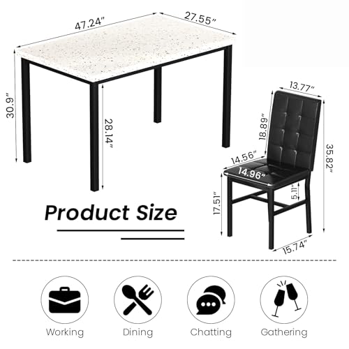 AWQM 5-Piece Dining Table Set for 4 – Compact Kitchen and Dining Room Furniture with Faux Marble Table and Khaki Black PU Leather Chairs