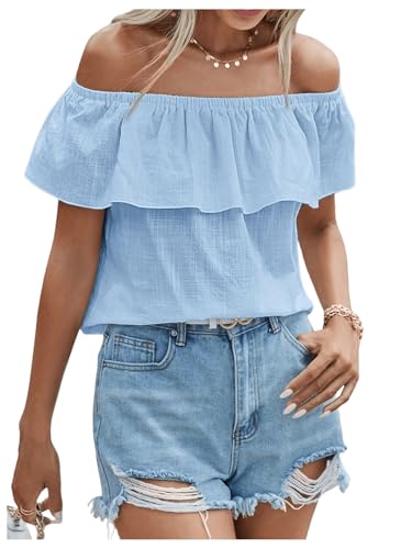 SweatyRocks Women's Off The Shoulder Blouse Short Sleeve Ruffled Summer Tops Blue Medium