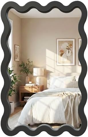 24"x36" Matte Black Wavy Wall Mirror for Bathroom Vanity, Large S...