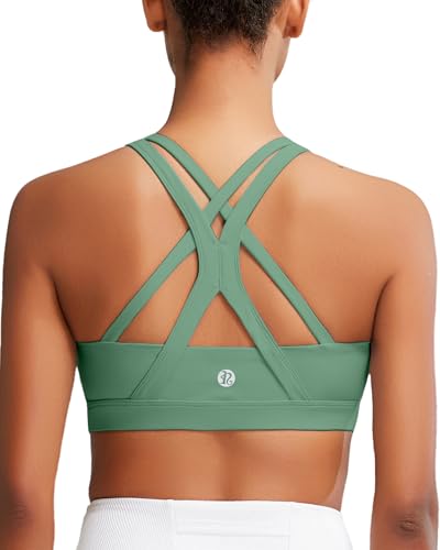 RUNNING GIRL Sports Bra for Women, Medium-High Support Criss-Cross Back Strappy Padded Sports Bras Supportive Workout Tops(2825 Green M)