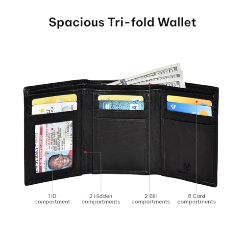 VALENCHI Genuine Real Leather Trifold Men's Wallet - With Card Holder Slots, ID Window and Currency Compartment - Christmas Gifts For Men (Black Shrunken TF03) by VALENCHI - Used condition - Image 3