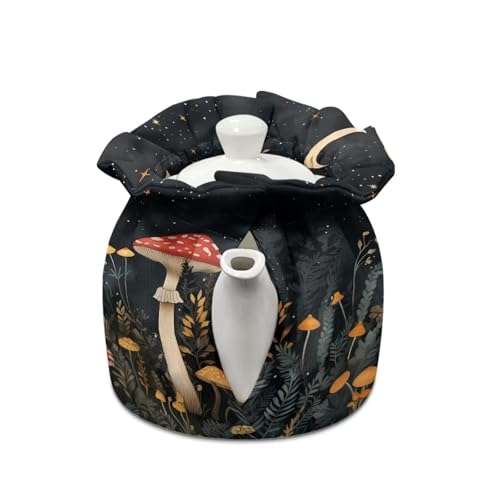 Image of Mushroom Moon Tea Cosy, Scratches-Proof Insulated Kitchen Teapot Dust Cover with Drawstring, Tea Pot Cozy Breakfast Warmer for Home Kitchen Table Decoration