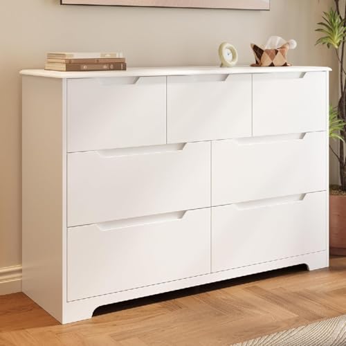 Gizoon 7 Drawer Dresser, 48" Wide White Dresser for Bedroom, Chest of Drawers with Handle Free Design, Modern Storage Organizer for Living Room, Kids Room, Entryway, Hallway, White White 15.