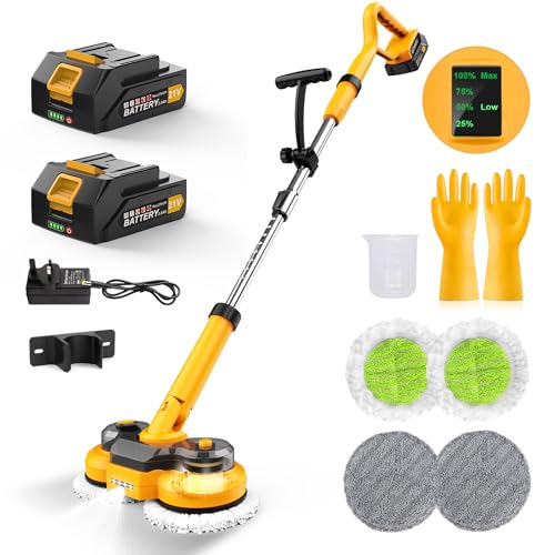21V Kabellos Bodenwischer Elektrisch mit 2x2000mAh Batterien Wischmopp Poliermaschine mit Sprühfunktion Elektrischer Wischer Mopp mit 400 ML Wassertank, LED Beleuchtung 4Pads