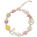 Cute Colorful Love Heart Charm Bracelets for Women Adjustable Smiley Bear Butterfly Peace Sign Flower Beetle Red Lip Clover Animal Gold Link Hippie Statement Bracelets Y2K Preppy Jewelry Gift for Women