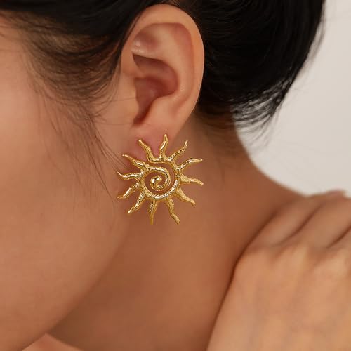 Gold Sun Stud Earrings for Women Radiant Sunburst Spiral Design, Lightweight Boho Chic Jewelry3