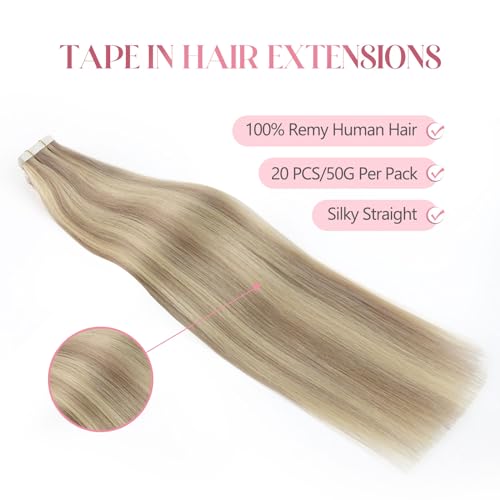 Image of Sixstarhair Tape in Hair Extensions Human Hair Highlighted Blonde to Medium Blonde Remy Human Hair Ombre Blonde Tape in Hair Extensions Soft Real Human Hair 50g 20pcs [P16 /22 16inch]