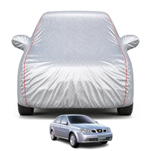 Image of Premium Car Cover for Chevrolet Optra Model | Waterproof, UV & Dust Protection | Mirror & Antenna Pocket | Triple Stitched, Soft Inner Lining, Belt & Buckle (Metalic Silver)