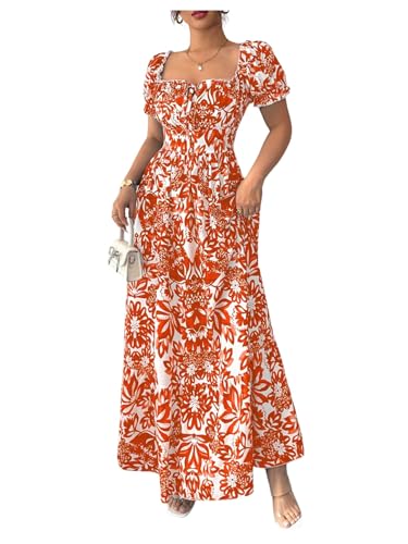 Image of Floerns Women's Floral Short Puff Sleeve Milkmaid Dress Boho A Line Long Dresses
