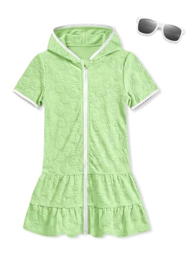 Image of BesserBay Girls Summer Beach Quick Dry Cover Up Ruffle Hem Terry Smocked Hooded 4-14 Years with Pockets