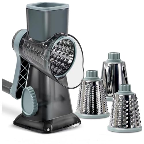 Rotary Cheese Grater, Vegetable Cheese Shredder Slicer with 3 Changeable Blades Hand Crank for Fresh Cheese, Vegetable, Nuts, Non-slip Suction Base Easy Cleaning, Blue