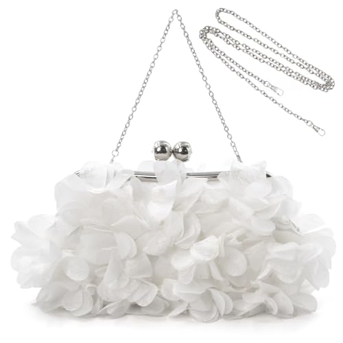 JAMBHALA Women Elegant Evening Purse, Small Floral Clutch Bag with Detachable Chain for Wedding, Party, Prom (White)