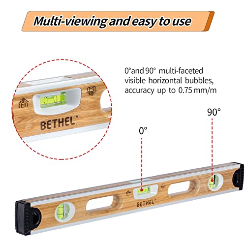 BETHEL Bamboo Level, 24 Inch Level & Tool Solid Block Acrylic Vials, Resists Mortar Adhesion, for Masonry Application and General Leveling (Bamboo)