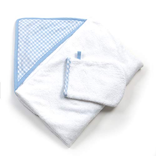Image of Tadpoles 2-Piece Hooded Towel & Mitt Set - Blue | 36 inch x 36 inch Towel - 9 inch x 6 inch Mitt | Made of 100% Woven Cotton Terry Cloth | Ideal for Babies & Toddlers | Soft, Absorbent, Durable & Machine-Washable