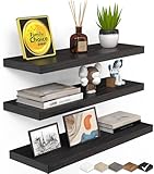 BAYKA Floating Shelves for Wall, Wall Mounted Rustic Wood Shelves for Bathroom, Bedroom, Living Room, Kitchen, Hanging Shelf for Books/Storage/Room Decor with 22lbs Capacity (Black, Set of 3, 15.7in)