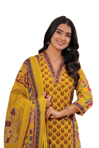 Image of MEERA FAB Women's Cotton Blend Straight Printed Kurta with Palazzo & Dupatta