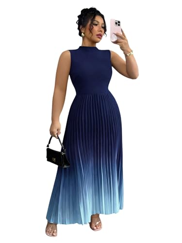 Image of SOLY HUX Women's Plus Size Summer Ombre Sleeveless Flowy Maxi Dress | Birthday, Pleated A Line, Mock Neck, Formal Outfits,Cocktail, Wedding, Graduation