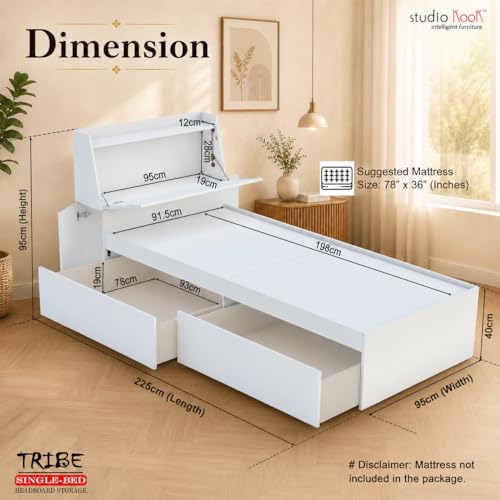Image of Studio Kook Tribe Left Single Bed with Headboard Storage & 2 Drawers | Engineered Wood Bed | Fits 78 x 36 inch Mattress | Moonshine White | Mattress Not Included