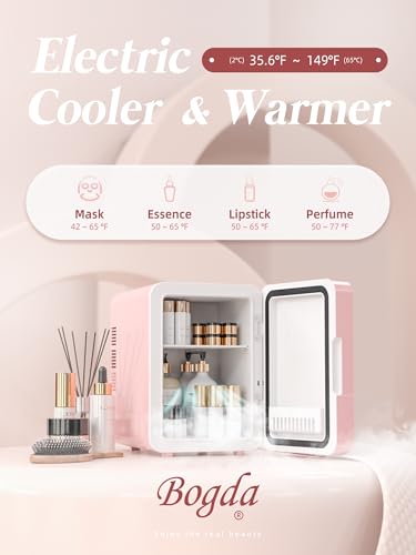 BOGDA Mini Skincare Fridge (4 Liter/6 Can) with Dimmable LED Light Mirror, Cooler and Warmer for Refrigerating Make Up, Skin Care and Food, Portable Mini Fridge for Bedroom, Office and Car, Pink