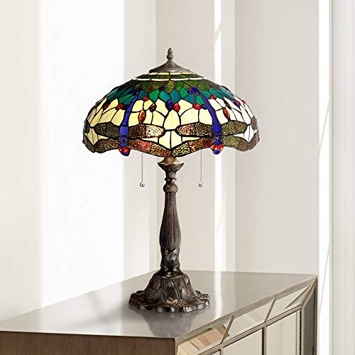Traditional Tiffany Style Table Lamp Dark Bronze Brown Tree Motif Dragonfly Antique Art Glass Shade Decor for Living Room Bedroom House Bedside Nightstand Home Office Family - Robert Louis Tiffany