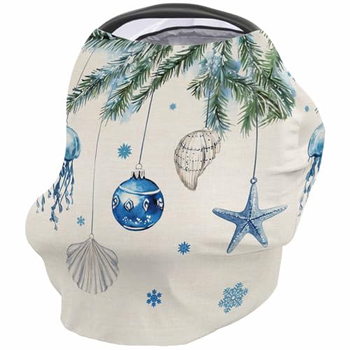 Nursing Cover for Breastfeeding Scarf, Retro Blue Starfish Shell Jellyfish Pine Needles Xmas Baby Car Covers Super Soft Multi Use for Canopy Shopping Cart Cover Blanket Stroller Cover